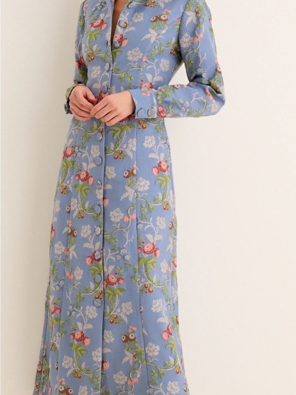 Light Blue Floral Long Coat- Will fit more Sz Large/ XL - Picture 2 of 16